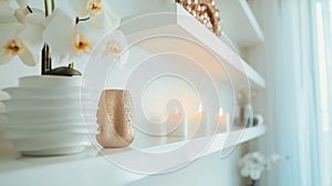 Tranquil shelf setup featuring orchids, textured vase, and lit candles for a spa ambiance.