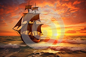 Tranquil Ship sails ocean sunset. Generate Ai