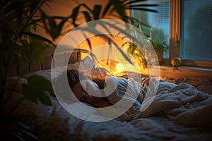 Tranquil Sleeper In Comfortable Bed, Enveloped By Calm Lighting, Peacefully Napping Regularly