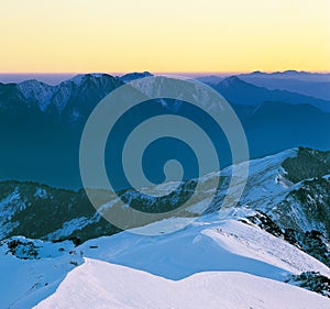 Tranquil snow mountain scenery photo