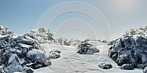 Tranquil snowy landscape with untouched snow and rugged mountains peaks