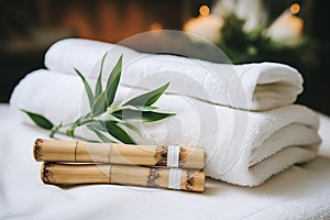 Tranquil spa ambiance with bamboo sticks and white towels in a modern bathroom setting