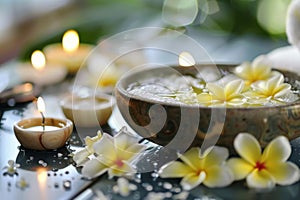 Tranquil spa ambiance with floating blossoms, glowing candles, and a calming environment