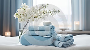 Tranquil Spa Area with Soft Blue Towels Creating a Relaxing Ambiance for Ultimate Calmness