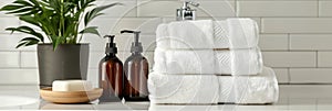 Tranquil spa bathroom essentials toiletries, soap, towel on soft white background