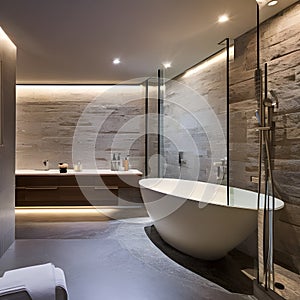 A tranquil, spa-like bathroom with a freestanding bathtub, natural stone, and warm, dimmed lighting1, Generative AI