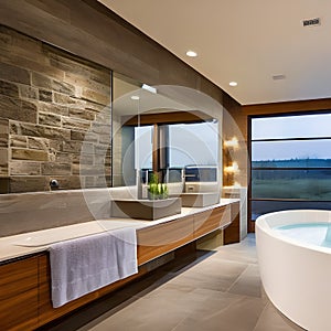 A tranquil, spa-like bathroom with a freestanding bathtub, natural stone, and warm, dimmed lighting1, Generative AI
