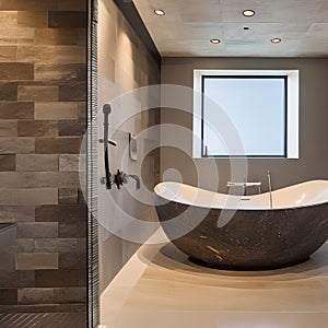 A tranquil, spa-like bathroom with a freestanding bathtub, natural stone, and warm, dimmed lighting2, Generative AI