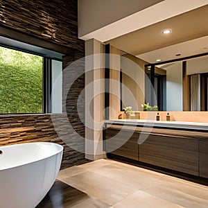 A tranquil, spa-like bathroom with a freestanding bathtub, natural stone, and warm, dimmed lighting3, Generative AI