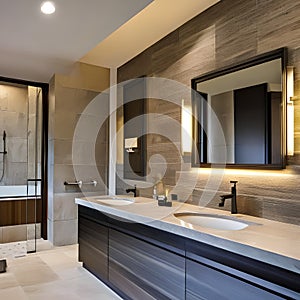 A tranquil, spa-like bathroom with a freestanding bathtub, natural stone, and warm, dimmed lighting4, Generative AI