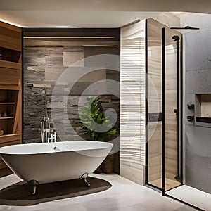 A tranquil, spa-like bathroom with a freestanding bathtub, natural stone, and warm, dimmed lighting5, Generative AI