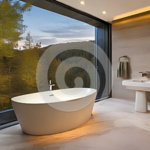A tranquil, spa-like bathroom with a freestanding bathtub, natural stone, and warm, dimmed lighting5, Generative AI