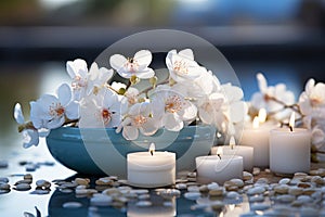 A tranquil spa massage and wellness environment adorned with blossoming flowers and burning candle