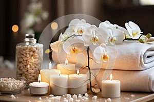 A tranquil spa massage and wellness environment adorned with blossoming flowers and burning candle