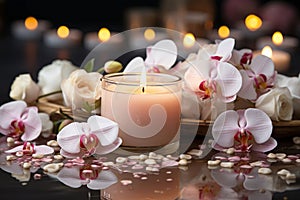 A tranquil spa massage and wellness environment adorned with blossoming flowers and burning candle
