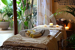 Tranquil spa scene with massage table, candles, towels, and flowers for a peaceful atmosphere