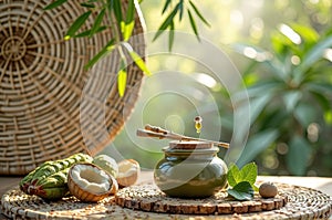 Tranquil spa scene with natural oils and fresh botanicals in sunlight