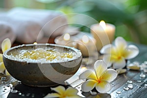 Tranquil spa setting with candles, flowers, and a bowl of aromatic salt