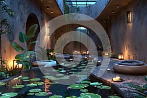 Tranquil spa setting at dusk with water lilies and floating candles