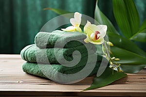 Tranquil Spa setting with green towels. Generate ai