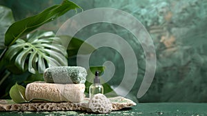 Tranquil Spa Setting with Green Towels and Natural Beauty Products