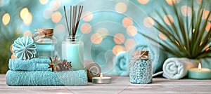 Tranquil spa setting lit candles and fragrant diffuser on table with soft focus background