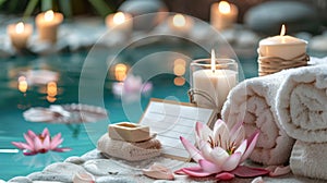 A tranquil spa setting with lit candles, plush towels, and water lilies, poised to pamper and indulge on Mother's
