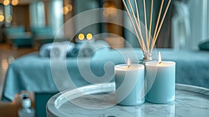 Tranquil spa setting lit candles and reed diffuser on table with soft background, ideal for text