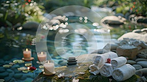 Tranquil spa setting with lit candles and smooth stones by a peaceful water garden
