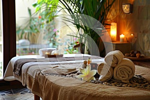 Tranquil spa setting with massage table, towels, and peaceful ambiance