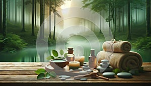 Tranquil Spa Setting in Misty Forest with Natural Wellness Products, AI Generated