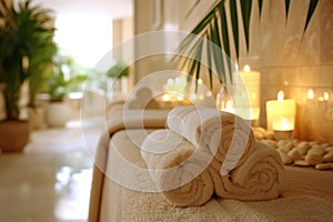 Tranquil spa setting with rolled towels and ambient candlelight.