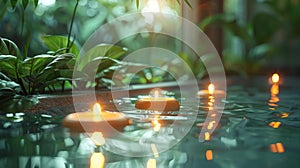 tranquil spa setting with soft light and scented candles, perfect for international self care day concept banner