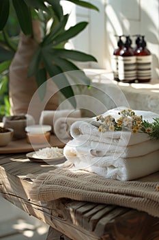 Tranquil spa setting with towels herbal bags, and beauty products for relaxation