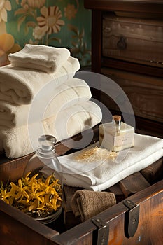 Tranquil spa setting with towels herbal bags, and beauty products for relaxation