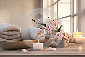 Tranquil spa setting with towels, orchids, and candles on wooden surface.