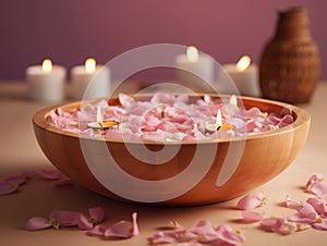 Tranquil spa setting with a wooden bowl of water and floating candles