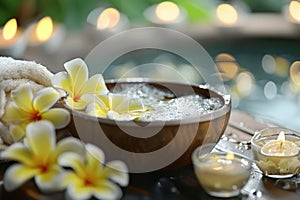 Tranquil spa setting with a wooden bowl of water, flowers, and candles, evoking relaxation