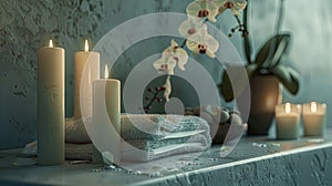 a tranquil spa still life arrangement featuring aromatic candles, an orchid flower, and a folded towel, the soothing
