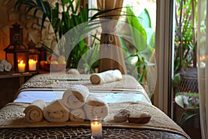 Tranquil spa treatment room bathed in soft natural light, ready for relaxation and rejuvenation