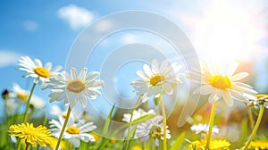 Tranquil spring meadow with white and pink daisies and golden dandelions under sunny sky.