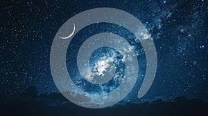 Tranquil starry night sky with crescent moon, inspirational ramadan reflection and gratitude theme