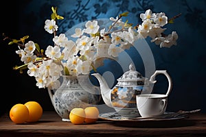 Tranquil Stilllife flowers tea. Generate Ai