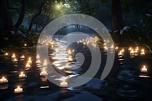 Tranquil Stream with Floating Memorial Candles A