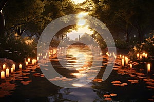 Tranquil Stream with Floating Memorial Candles A