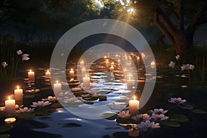 Tranquil Stream with Floating Memorial Candles A
