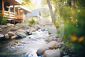 a tranquil stream flowing by a meditation facility