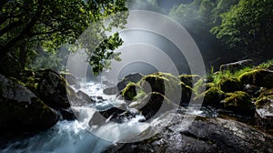 Serene forest stream with sunlit canopy. AI image