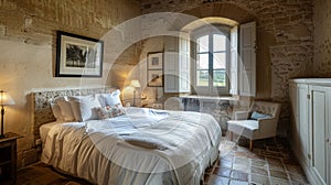 A tranquil suite located in the castles tower boasting panoramic views of the surrounding countryside. 2d flat cartoon