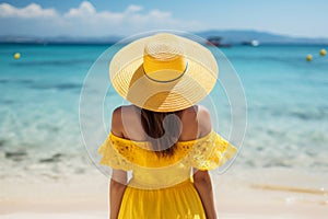 Tranquil summer beachscape unidentifiable woman savoring a delightful sun soaked holiday